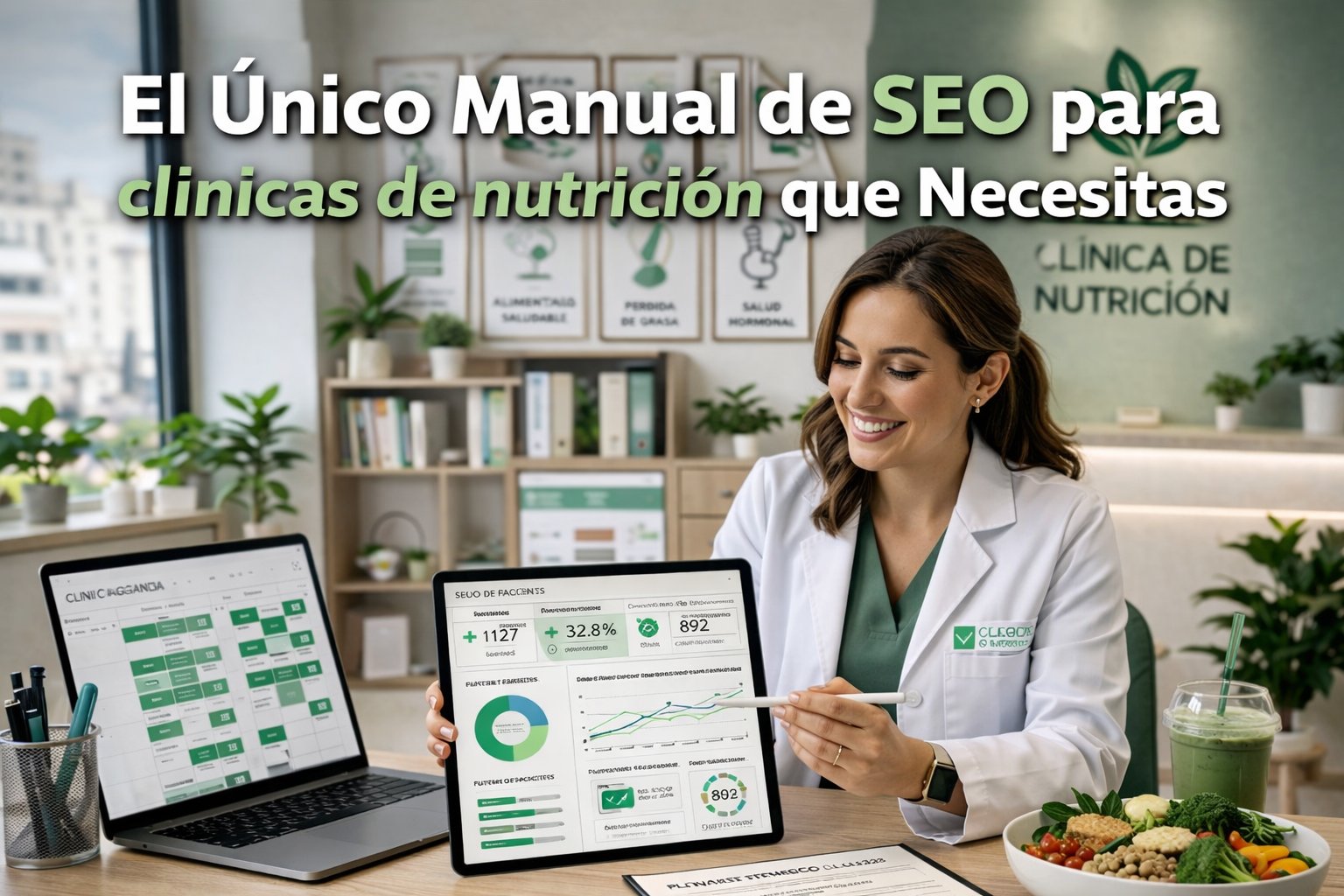 Nutricionista analizando datos de SEO para clínicas de nutrición en su consulta para atraer más pacientes